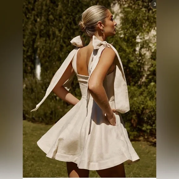 DISSH Size 4 Tan Creasm Aisle Pearl Linen Bow Mini Dress - Picture 3 of 10